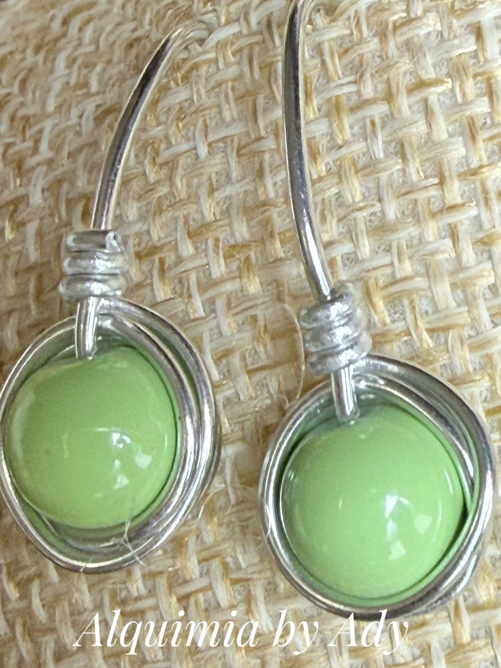 Alquimia Lime Green Glass Bead Earrings with Silver Wire Halo